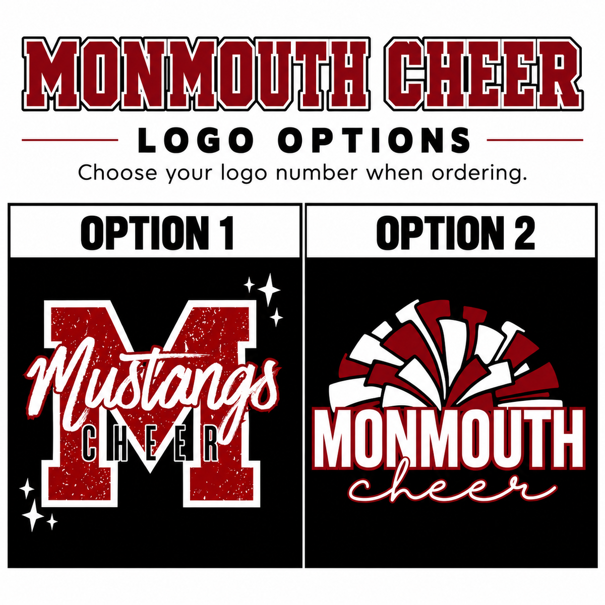 Monmouth Cheer logo options — Option 1 Mustangs M, Option 2 MONMOUTH cheer pompom