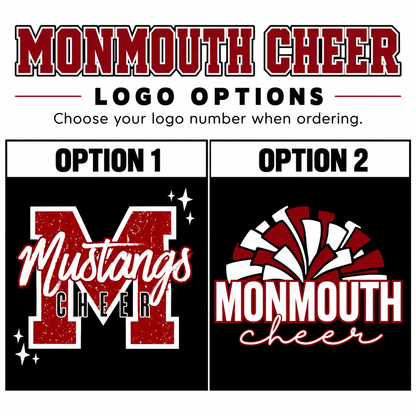 Monmouth Cheer logo options — Option 1 Mustangs M, Option 2 MONMOUTH cheer pompom